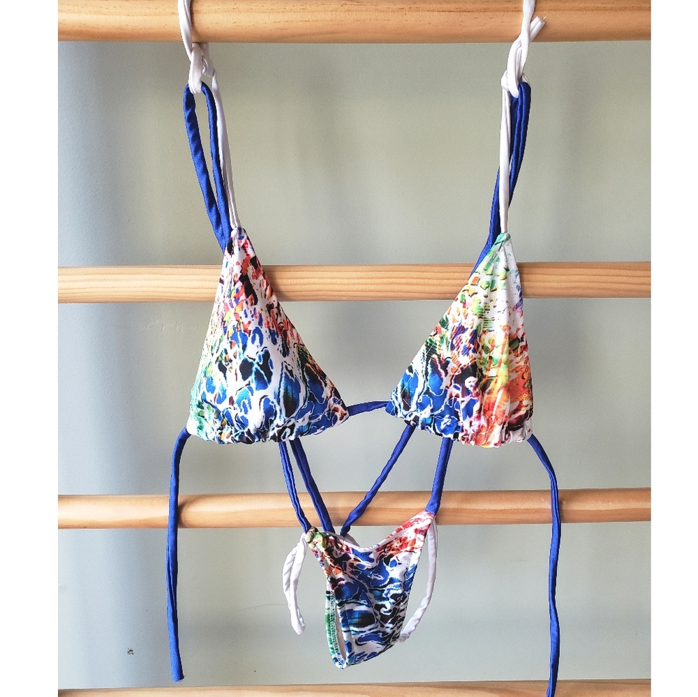 Exotic Dancewear Thong Mutlicolored Bikini Set/ Slingshot Stripper Outfit